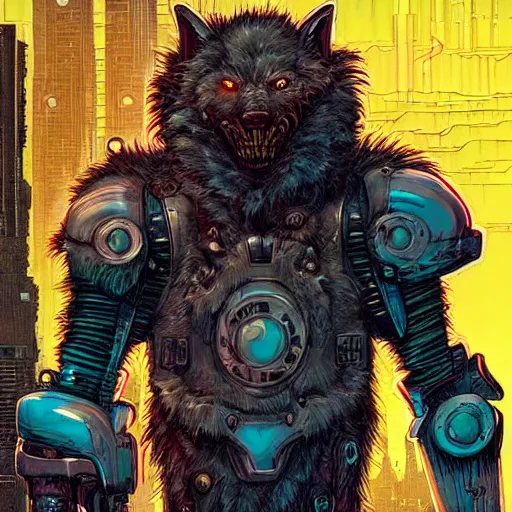 Prompt: portrait of a cybernetic werewolf warrior with white fur and power armor, cyberpunk concept art by josan gonzales and moebius and enki bilal and and dan mumford and jean claude meziere and philippe druilleg