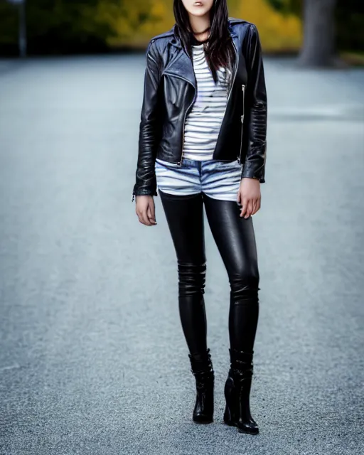 Image similar to young woman in her 20s, she wears a leather jacket and boots, full body shot, taken by a nikon, very detailed face