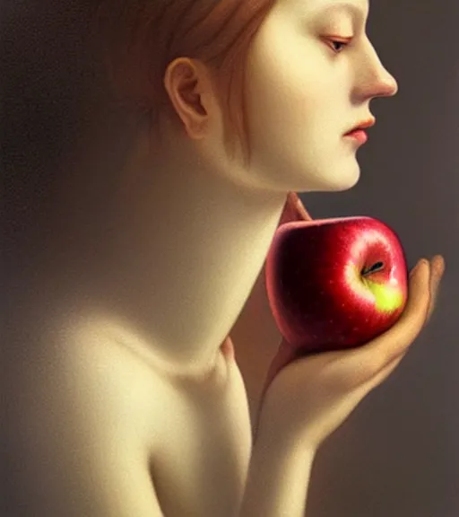 Image similar to portrait of an apple sitting upon a table with heightened detail, poised, intense emotion, detailed facial expression, detailed surroundings, intricate, elegant, highly detailed, centered, digital painting, artstation, concept art, smooth, sharp focus, illustration, by ( leonardo da vinci ), wlop