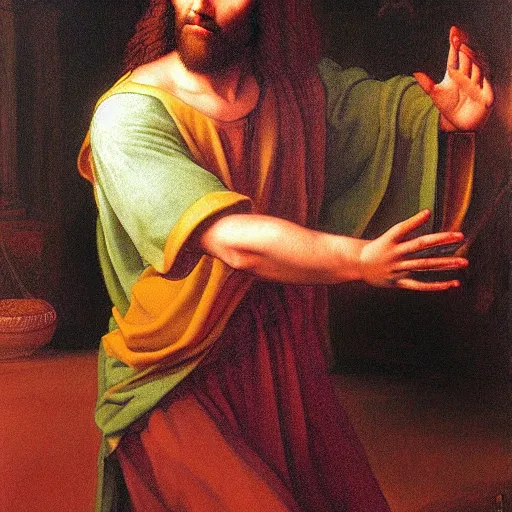 Prompt: jesus christ dancing to afrobeat music dj playing nigerian club party photorealistic ultra-realistic in the style of edward hooper and leonardo da vinci artstation hd oil painting Renaissance painting