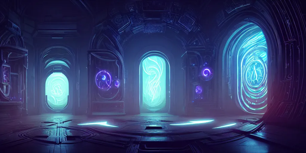 Image similar to portal to the ethereal realm, centered composition, intricate concept art, ethereal, ominous, mysterious, enchanted, magic, dramatic lighting, illuminated lines, outrun, vaporware, illuminated runes, cyberpunk darksynth, dark background, 8 k, octane render, by james paick and stephan martiniere and alphonse mucha