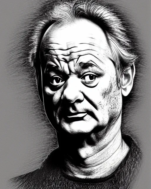 Image similar to bill murray, hyper realism, fine details, deviantart artstation, extremely detailed, black and white, very sharp, in the style of albrecht durer, etching,