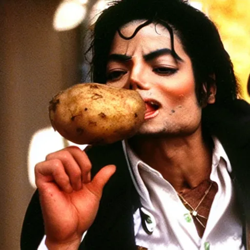 Prompt: Micheal Jackson eating araw potato