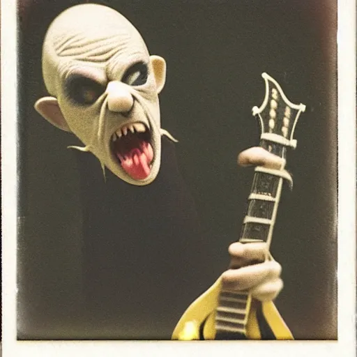 Prompt: nosferatu passionately playing the blues, playing guitar and mouth open wide, old polaroid picture, realistic