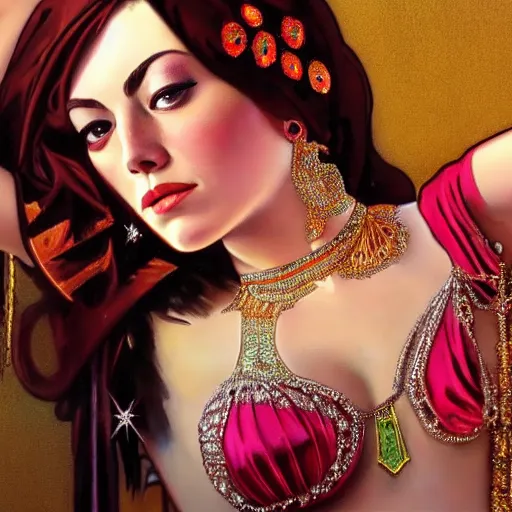 Image similar to a photorealistic portrait of emma stone dressed as a belly dancer, arabian night, high quality, fully detailed, 4 k, in focus sharp face with fine details, realistic hand details and anatomy composition, inspired by belly dancer on youtube, alphonse mucha, masterpiece, stunning