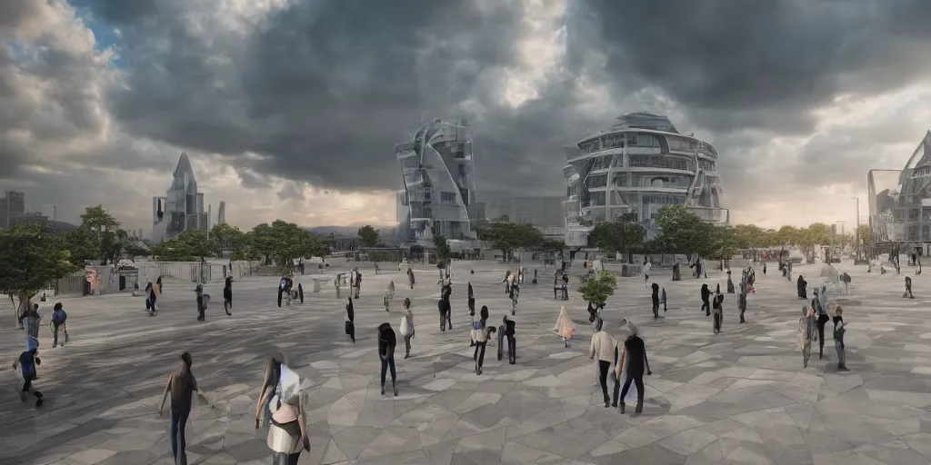 Image similar to extremely detailed photorealistic architectural visualization,corona octane render, vray chaos group, correct composition, building in high-tec style, award architecture detailed, with correct lines and correct perspective, on the beautiful cloudy sky sunset background and detailed beautiful people walking around