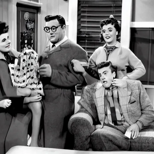 Image similar to 5 0 s family sitcom about giant tardigrades wearing clothes. no actual humans are on the show