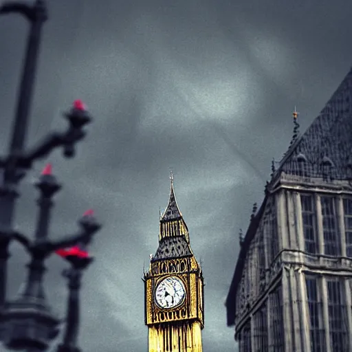 Image similar to A woman wearing a trench coat,a black hat and red high heels flying high in the sky above the tall buildings,the Big Ben is in background, top down perspective,gloomy lighting,creepy atmosphere,digital art , highly detailed , high contrast, beautiful lighting, award winning , trending on art station, 8k, photo realistic