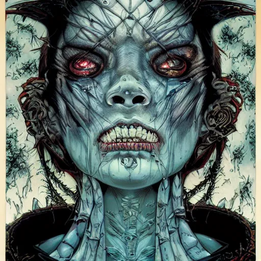 Prompt: portrait of mad zombie queen, symmetrical, by yoichi hatakenaka, masamune shirow, josan gonzales and dan mumford, ayami kojima, takato yamamoto, barclay shaw, karol bak, yukito kishiro illustration, clear line