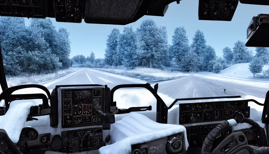 Prompt: spacious cozy truck cockpit, intricate and decorated, winter landscape outside, volumetric lighting, photorealistic rendering, hyperreal