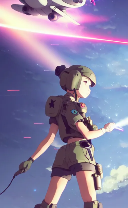 Prompt: a cute pilot girl dogfighting a ufo with lasers, black sky background, battlefield landscape, illustration concept art anime key visual trending pixiv fanbox by wlop and greg rutkowski and makoto shinkai and studio ghibli and kyoto animation, soldier clothing, military weaponry, piston engines fused legs, flashy lights