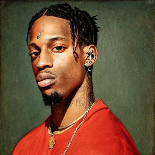 Image similar to A renaissance painting of Travis Scott, portrait, album cover,