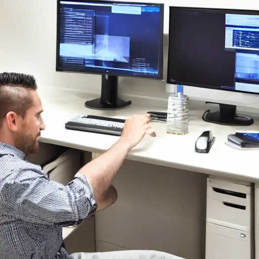 Image similar to man working very hard in an office, not just making dreams on his computer