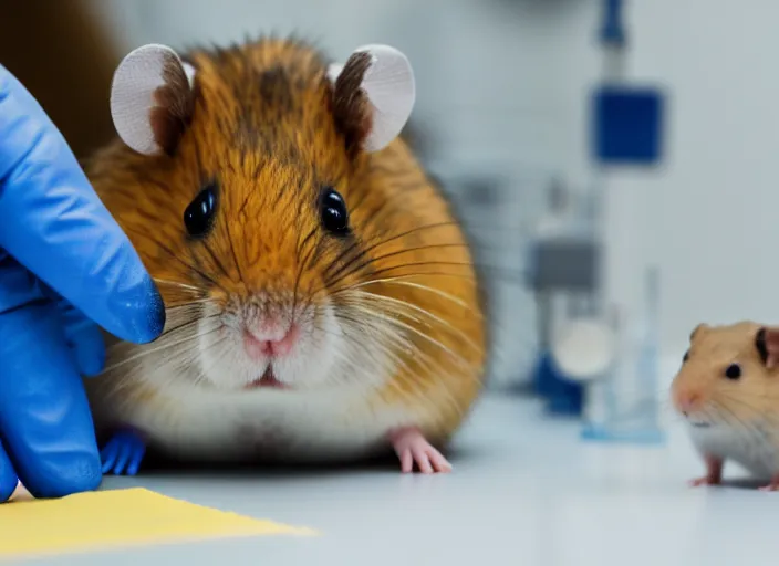 Image similar to film still of a hamster working in a research lab finding the cure for cancer, 8 k