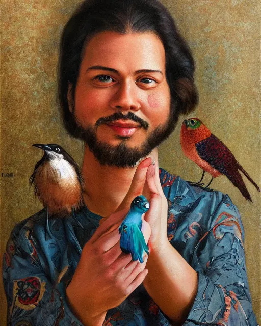 Image similar to a realistic stylized phychedelic painting of a man holding a bird in his hand, an oil painting by benito quinquela martin, behance contest winner, american scene painting, oil on canvas, detailed painting, art