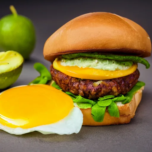 Image similar to juicy vegan hamburger topped with guacamole, fried onion and a fried egg, crispy buns, 8 k resolution, professional food photography, studio lighting, sharp focus, hyper - detailed