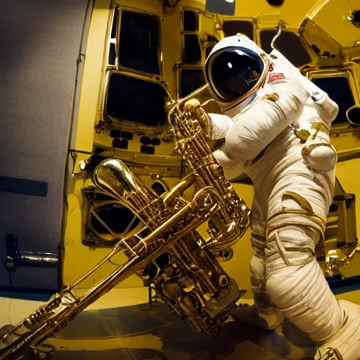 Image similar to astronaut doing jazz saxophone improvisation, 4k photography, space