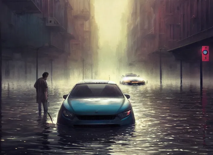 Image similar to a car driving through shallow water, flooded city, people walking through shallow water, muted colors, hyperrealistic, oil painting, intricate, cgsociety, artstation, 8 k, cinematic, soft lighting, by greg rutkowski, by wlop, by artgerm