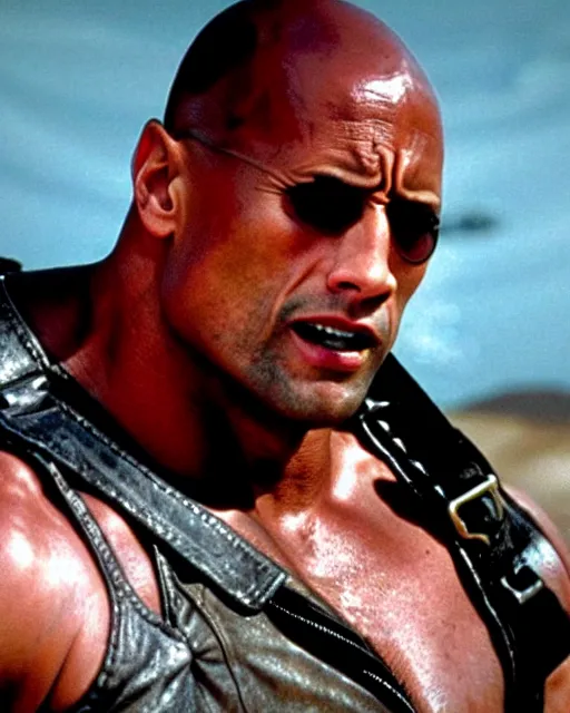 Image similar to film still close up shot of dwayne johnson in the movie mad max 2 the road warrior. photographic, photography