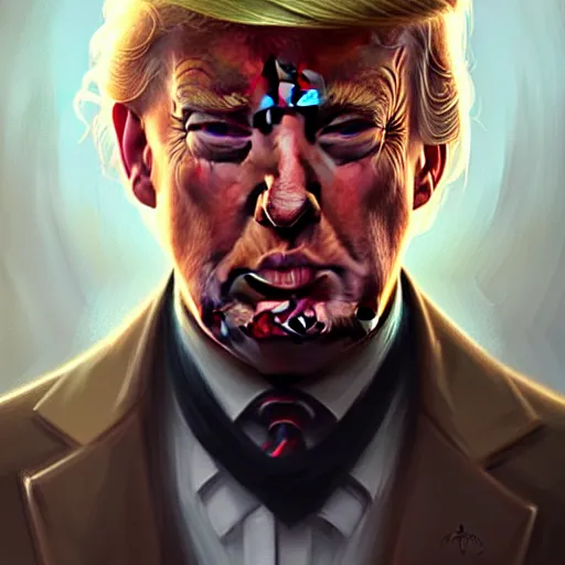 Image similar to Portrait of Trump, D&D, red eyes, face, fantasy, intricate, elegant, highly detailed, digital painting, artstation, concept art, smooth, sharp focus, illustration, art by artgerm and greg rutkowski and alphonse mucha