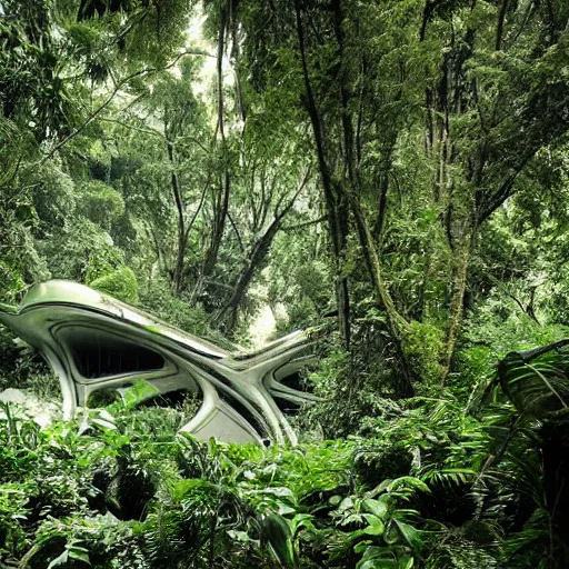 Prompt: old photo overgrown spaceship zaha hadid ruins in jungle