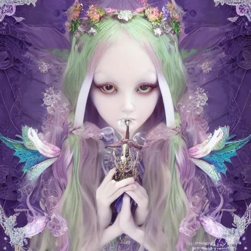 Image similar to Ethereal, mysterious stunning maximalist mesmerizing elven girl with elf ears from the rainbow sky paradise, high-tech, Victorian gothic lolita fashion, by Mark Ryden, artgerm, Hiroyuki-Mitsume Takahashi, WLOP, Goto Fujita, 奈良美智, Pixiv 3DCG, DAZ Studio, highly detailed, photorealistic, 8k resolution 3D, cinematic, dynamic lighting, octane render