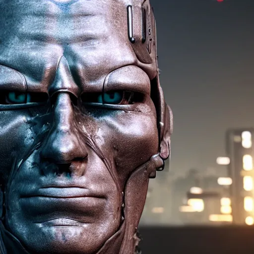 Image similar to portrait of a terminator with borg enhancements, gears are visible inside it's head, ultra detailed 8k. There is a dystopian city in the background. Rendered with unreal 5 engine with ray tracing and tessellation