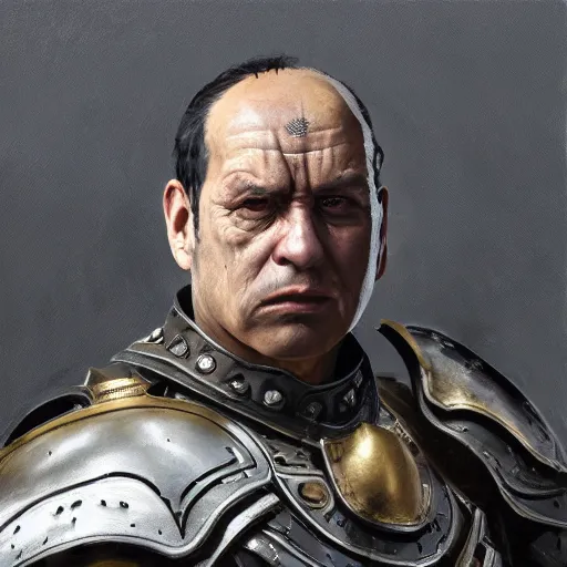 Prompt: a professionally painted portrait of Frank Reynolds, clothed in ancient battle armor, olive skin, curly black hair, beautiful bone structure, symmetrical facial features, scar across face, intricate, elegant, digital painting, trending on Artstation, concept art, smooth, sharp focus, illustration, from Metal Gear by Ruan Jia and Mandy Jurgens and Artgerm and and william-adolphe bouguerea, award winning