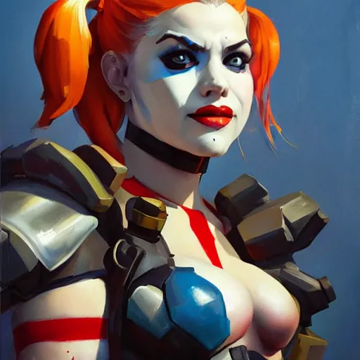 Image similar to greg manchess portrait painting of armored harley quinn as overwatch character, medium shot, asymmetrical, profile picture, organic painting, sunny day, matte painting, bold shapes, hard edges, street art, trending on artstation, by huang guangjian and gil elvgren and sachin teng