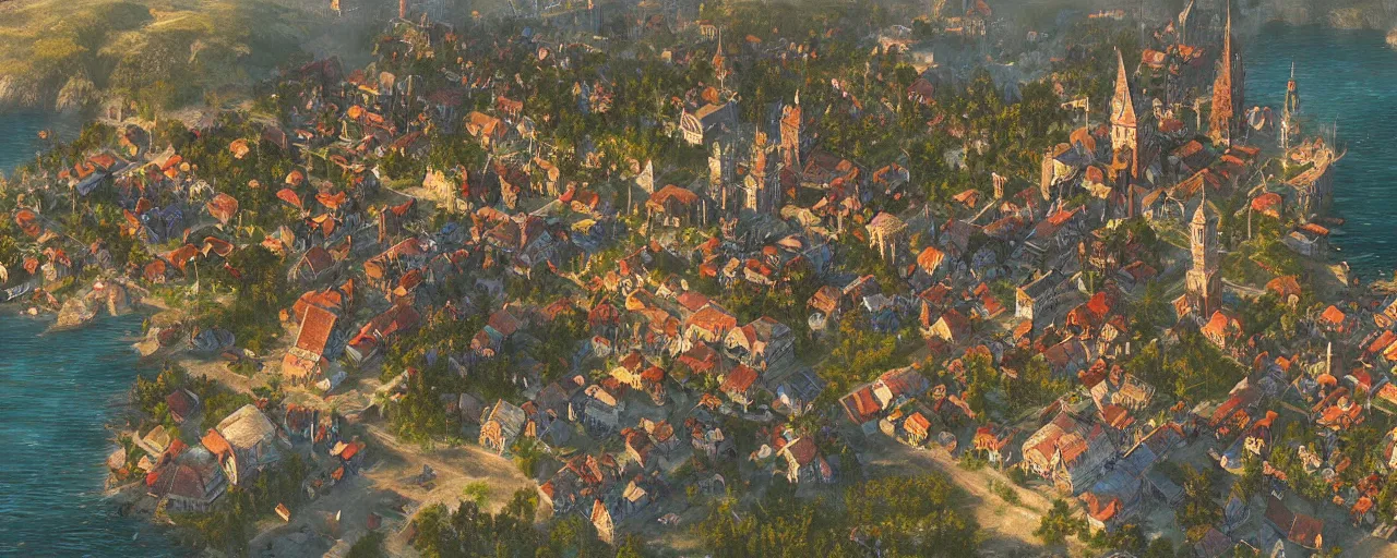 Prompt: close up map of a city. pc game. witcher 3 novigrad. village. detailed. church. city center. art by moebius and thomas kinkade and greg rutkowski.