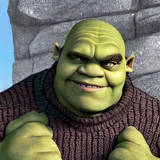 Image similar to The Rock in a turtleneck, Shrek