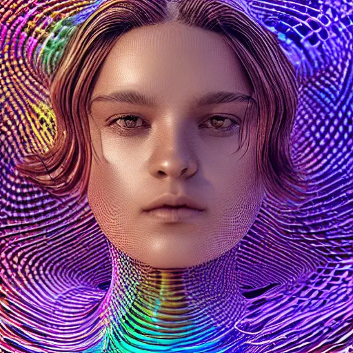 Image similar to a human form, made of pure light, encircled by a giant iridescent serpent, in a sea of digital grids, hyper detailed, ultra fine colored inking lines, arnold render, 4 k extremely photorealistic