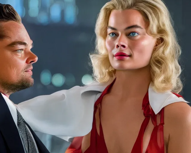 Image similar to leonardo dicaprio as the wolf of wall street next to margot robbie as naomi from the wolf of wall street, hyper realistic faces, detailed eyes, cinematic, long shot, hyper detailed, 8 5 mm photograph, 8 k resolution, film still, sharp lens, wide lens