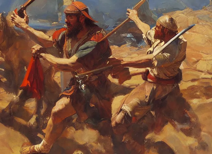 Image similar to a highly detailed beautiful portrait of king david slaying goliath, by gregory manchess, james gurney, james jean