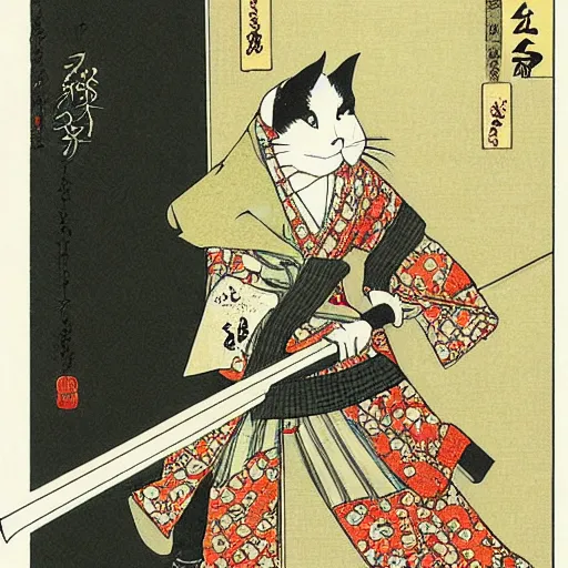 Image similar to illustration of japan cat with katana by takato yamamoto, by yoshitoshi abe, by makoto shinkai