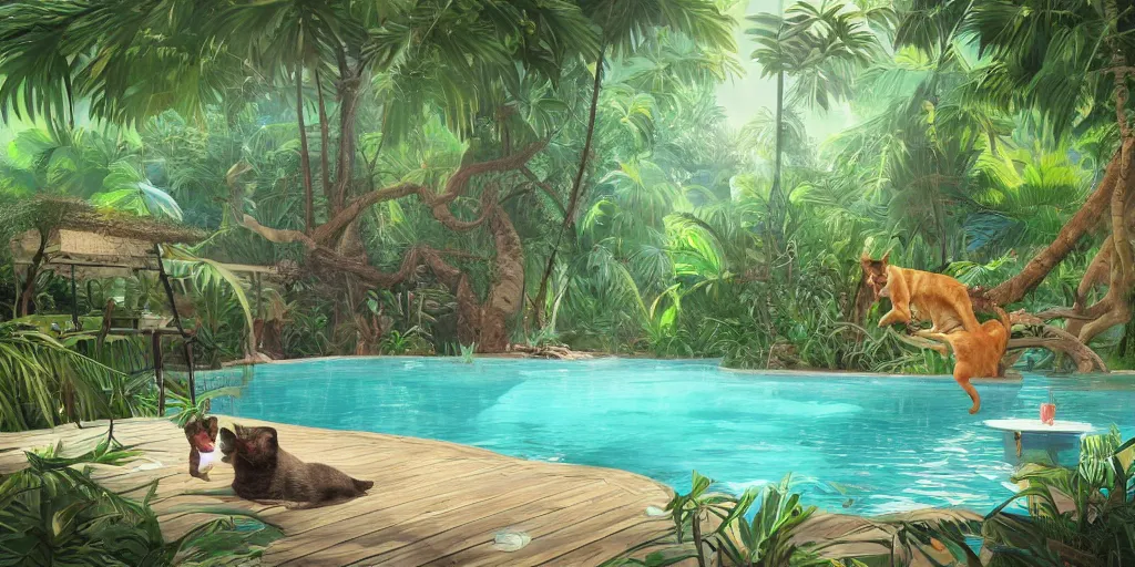 Image similar to swimming pool in the middle of the jungle a 'cat and a dog superdetailed' , empty beach chair , highly detailed, digital painting, artstation, concept art