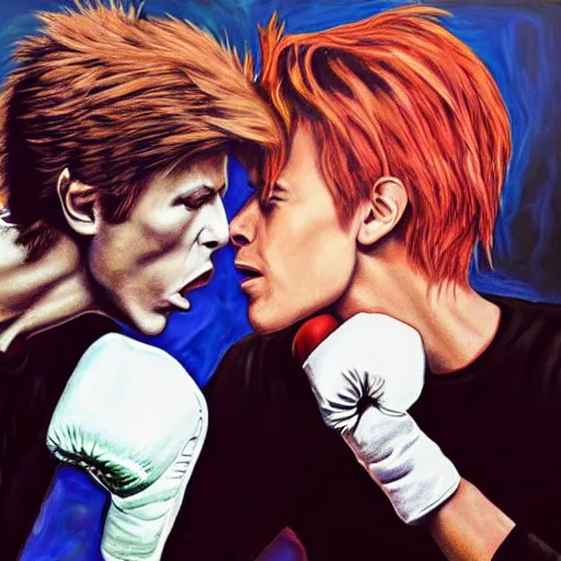 Image similar to a hyperrealistic painting of David Bowie punching Justin Bieber,