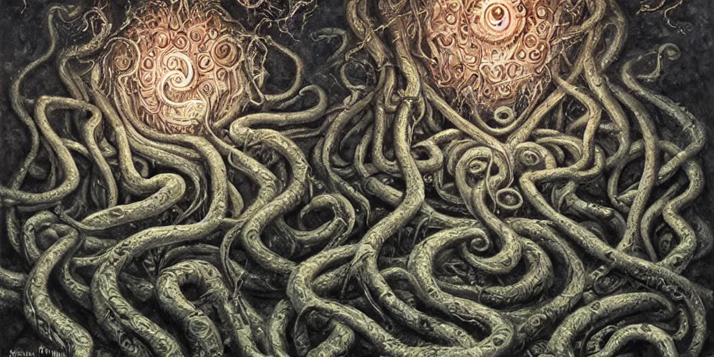 Image similar to elder god yog - sothoth lovecraftian h. p, terror, art by paulc carrick, dave carson, john coulthart, lee brown coye, h. r giger, stephen hickman, 8 k, hd, illumination, lighting, raytracting, dark, lovecraft, arkham, grotesque