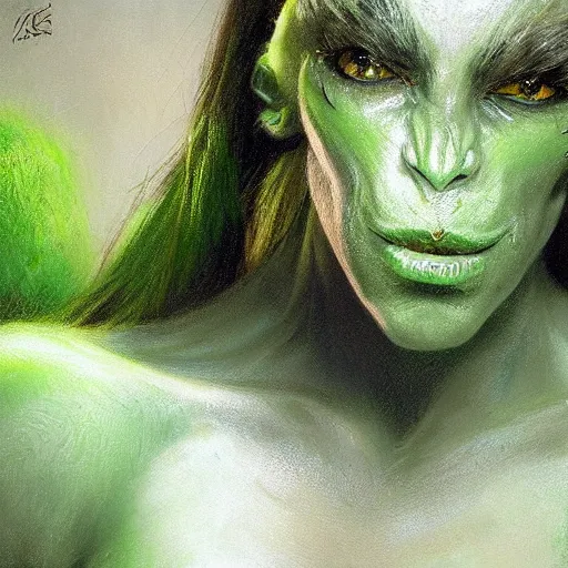 Prompt: character portrait of a green orc female, light green tone beautiful face by jeff legg