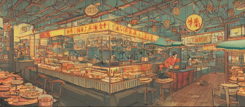 Image similar to a beautiful simple 4 k hd wallpaper illustration of interior view display of the corner of roasted string hotpot shop, simple style, from china, with merchant logo, simple structure, surrealistic, chinese style, victo ngai, james jean, denoise, deblurring