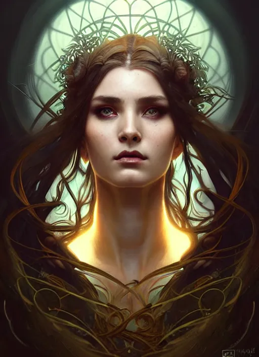 Image similar to a beautiful cinematic female druid goddess, galatic shamen with Quantum energy fantasy, fantasy magic, undercut hairstyle, dark light night, intricate, elegant, sharp focus, illustration, highly detailed, digital painting, concept art, matte, art by WLOP and Artgerm and Greg Rutkowski and Alphonse Mucha, masterpiece