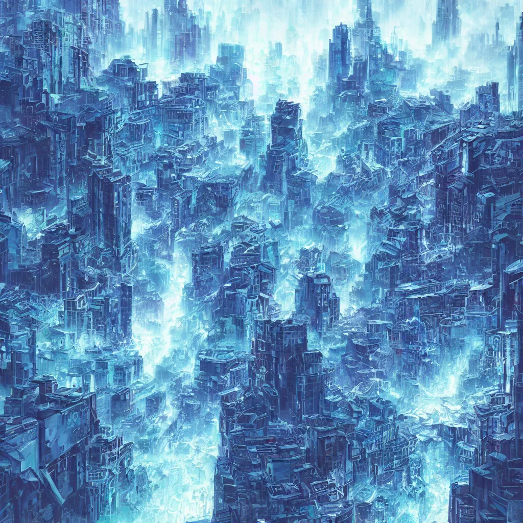 Prompt: Concept art of an urban city getting magically shredded into blue particles, trending on artstation, oil on canvas, vivid color, ultra detailed.