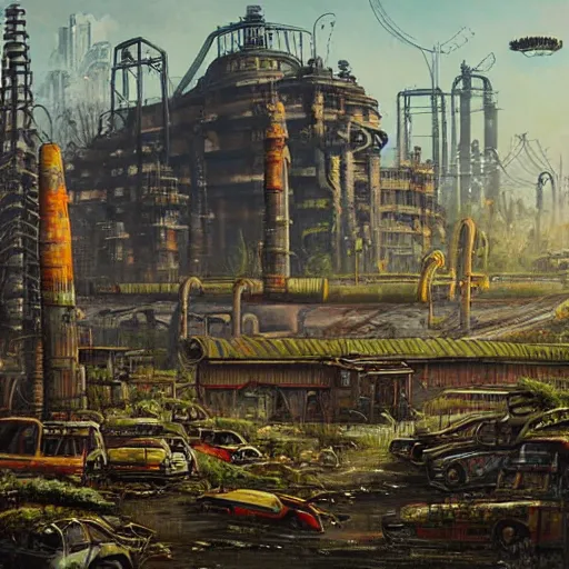 Image similar to beautiful painting of an industrial wasteland with balinese ruins and oriental decaying monuments in the style of Simon Stålenhag and H. R. Giger