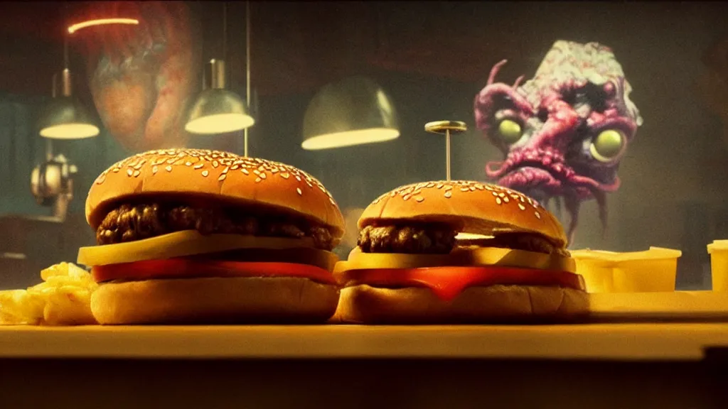 Image similar to the strange cheeseburger creature at the fast food place, film still from the movie directed by denis villeneuve and david cronenberg with art direction by salvador dali and zdzisław beksinski, commercial, wide lens