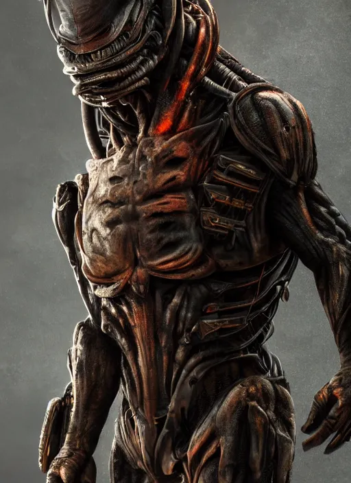 Image similar to a photorealistic dramatic hyperrealistic render of predator the alien hunter, ultra realistic details, well worn, rust, oil stains designed by vitaly bulgarov and mike nash, beautiful dramatic dark moody tones and lighting, cinematic atmosphere, studio lighting, global illumination, shadows, dark background, octane render, 8 k