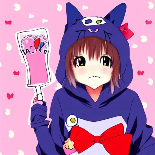 Image similar to a cute anime girl wearing a cat hoodie in the style of america mcgee's alice