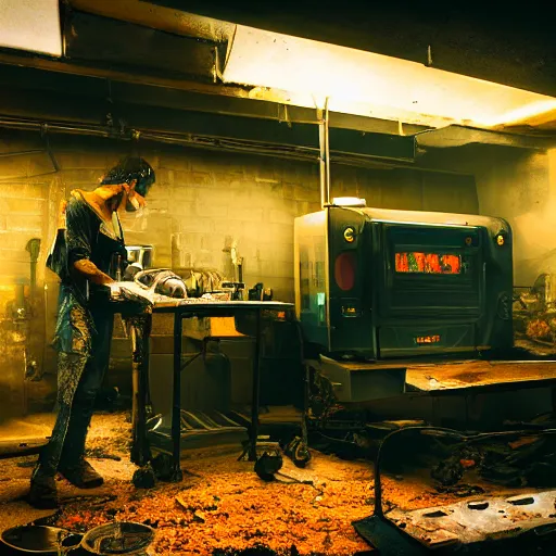 Image similar to cyborg toaster oven repairman, dark messy smoke - filled cluttered workshop, dark, dramatic lighting, orange tint, sparks, plasma rays, cinematic, highly detailed, sci - fi, futuristic, movie still