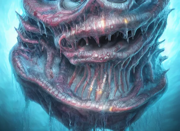 Image similar to a deep sea monstrosity with a disturbing anatomical horror human face, a colossal gigantic deep sea creature, concept art, behance hd, trending on artstation, deviantart, global illumination, radiating, a glowing aura, ray tracing, hdr, matte painting