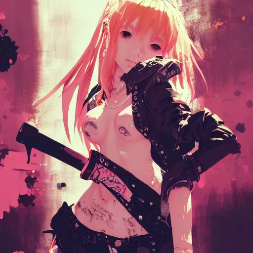 Prompt: highly detailed portrait of a grunge young lady by Akihiko Yoshida, Greg Tocchini, 4k resolution, ((final fantasy)) inspired, vibrant pink, yelow, brown, white, cyan and black color scheme with graffiti