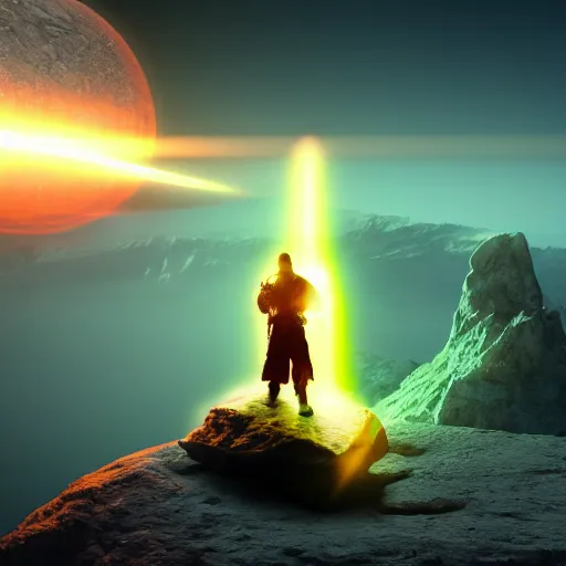 Image similar to hyperrealistic sword standing on a glowing rock, distant planet in background, fog, glow, sharp, 4 k, lens flare, highly detailed digital art, trending on artstation, masterpiece